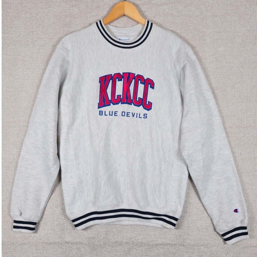 Champion Reverse Weave Sweatshirt Mens Small Gray KCKCC Blue Devils Striped Trim